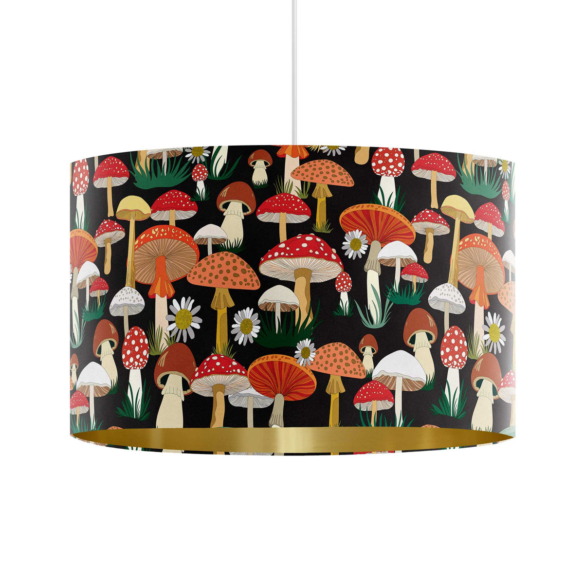 Black mushroom velvet drum lampshade with matte gold inner, shown as a ceiling pendant with hand-illustrated toadstools and daisies.
