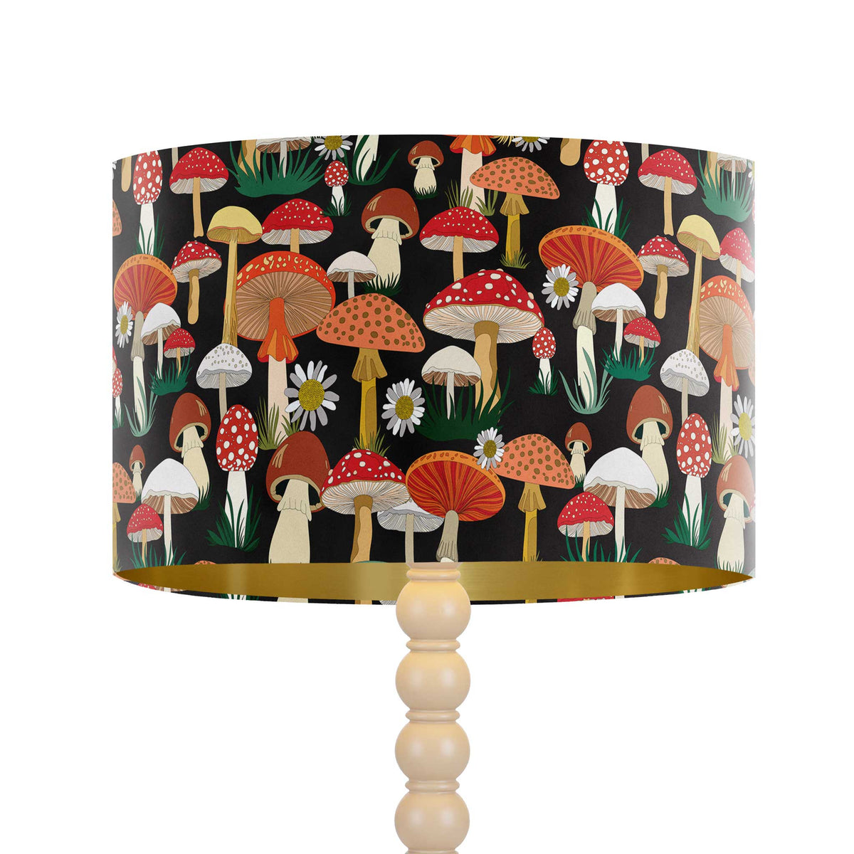 Black mushroom velvet drum lampshade for a table lamp or floor lamp base, featuring a woodland toadstool design and matte gold inner.