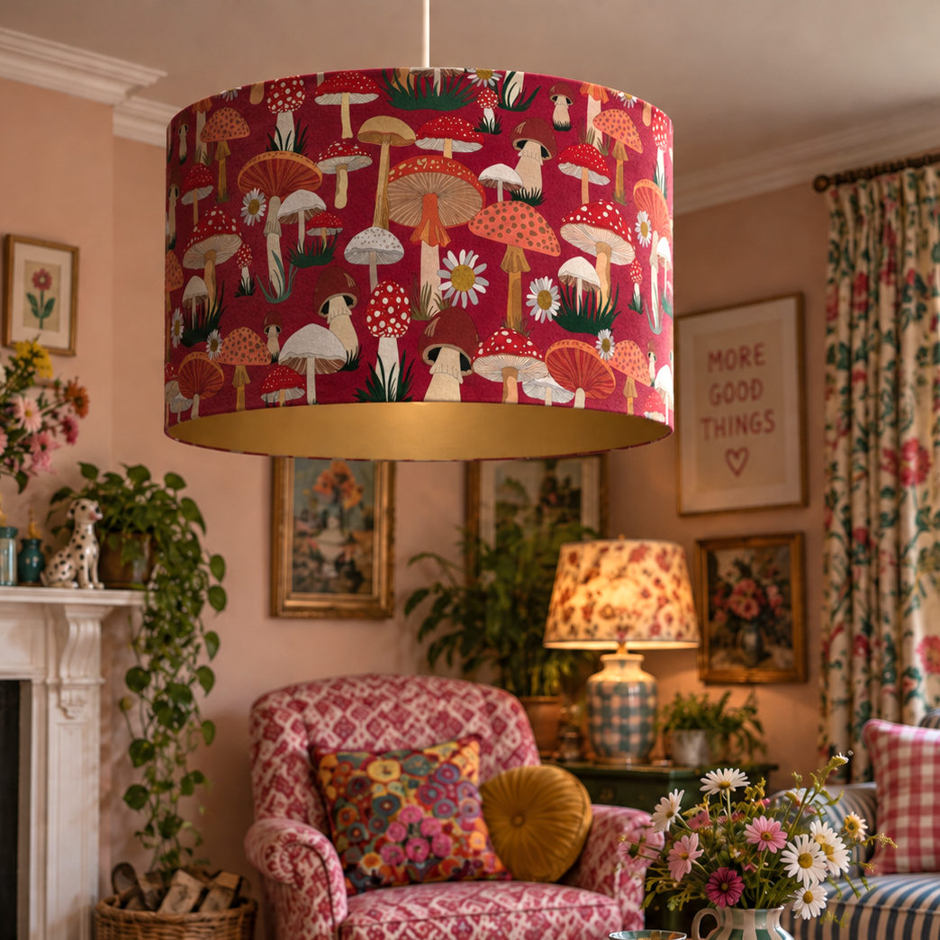 Mad Mushrooms red velvet ceiling pendant lampshade styled in a colourful cottagecore living room with patterned furniture and cosy maximalist decor.