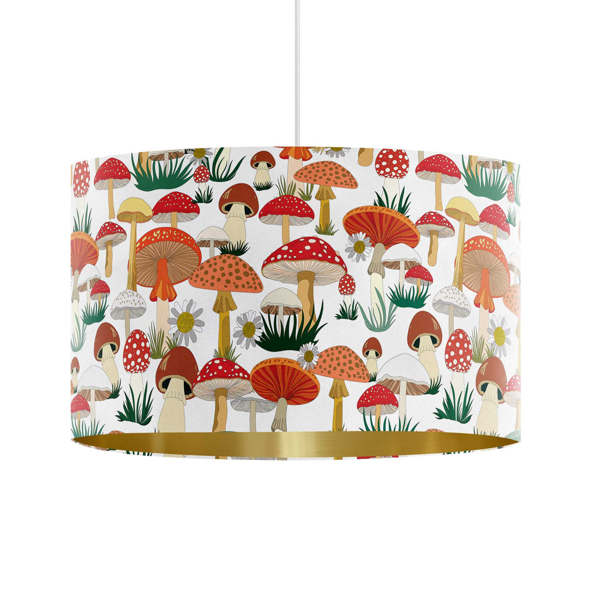 A drum-shaped pendant lampshade featuring a colorful retro mushroom pattern on a white background with a metallic gold inner rim, suspended by a white cord.