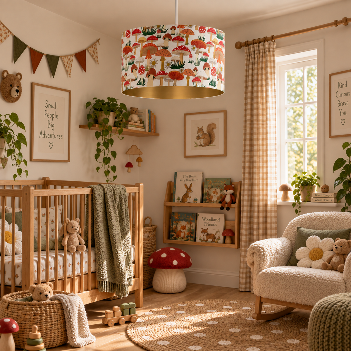 A nursery room decorated in a warm woodland theme, featuring a prominent drum pendant light with a colorful mushroom and forest pattern, a wooden crib, a cozy armchair, and rustic wall decor.
