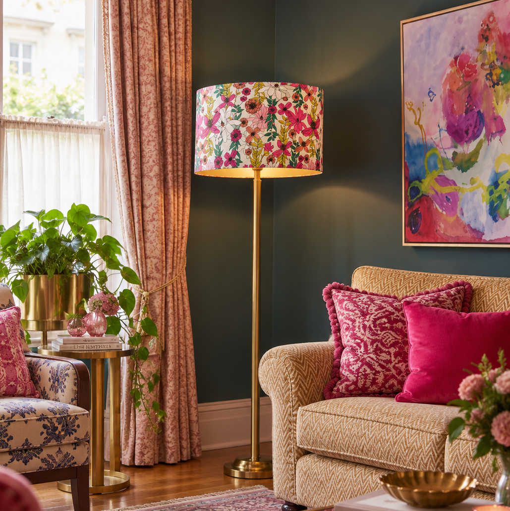 A tall floor lamp with a brass stand and a cylindrical drum shade featuring a colorful floral print, styled in a cozy living room next to a beige sofa with pink pillows.