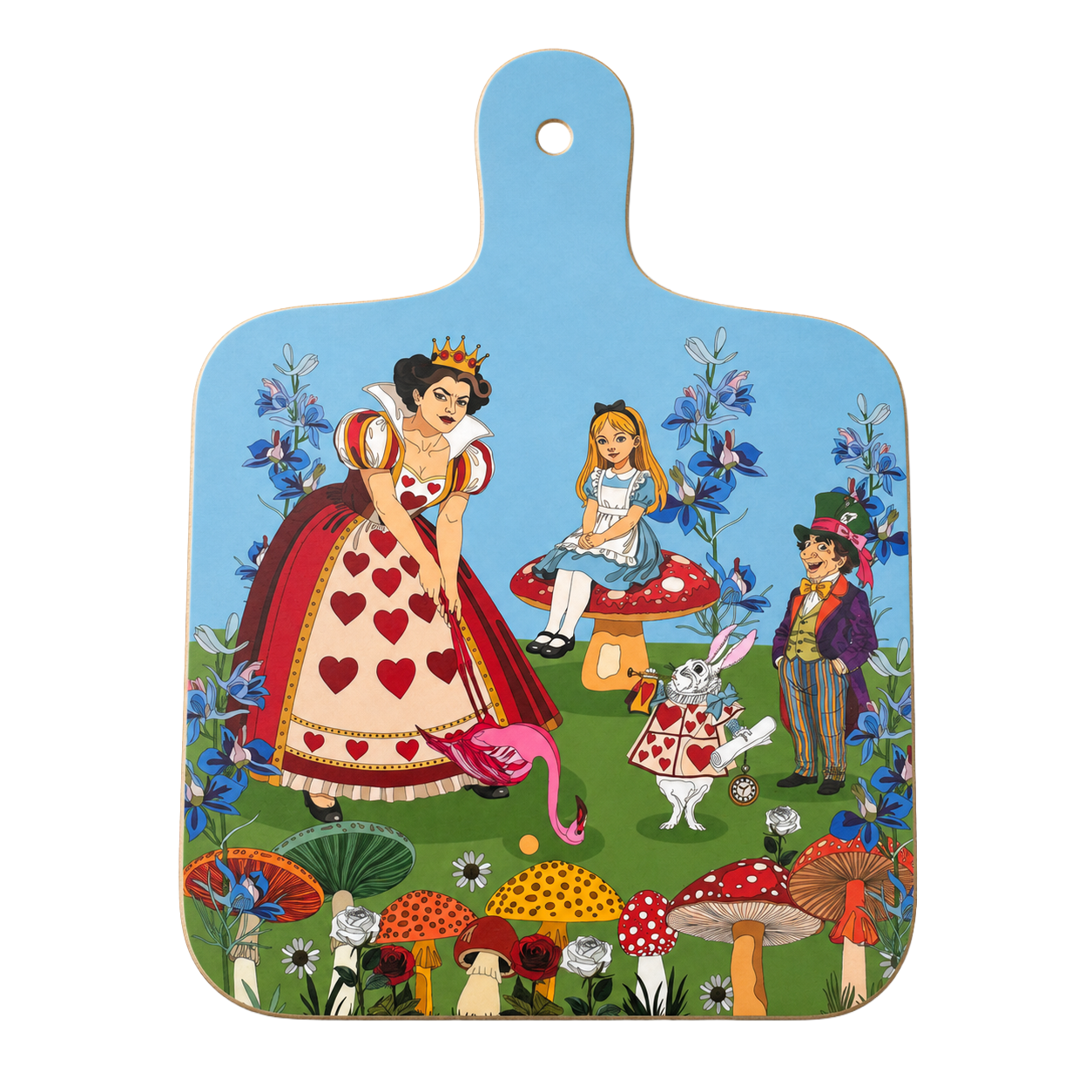 Mini Alice in Wonderland chopping board featuring Alice, Queen of Hearts, White Rabbit, Mad Hatter, mushrooms and flamingo.