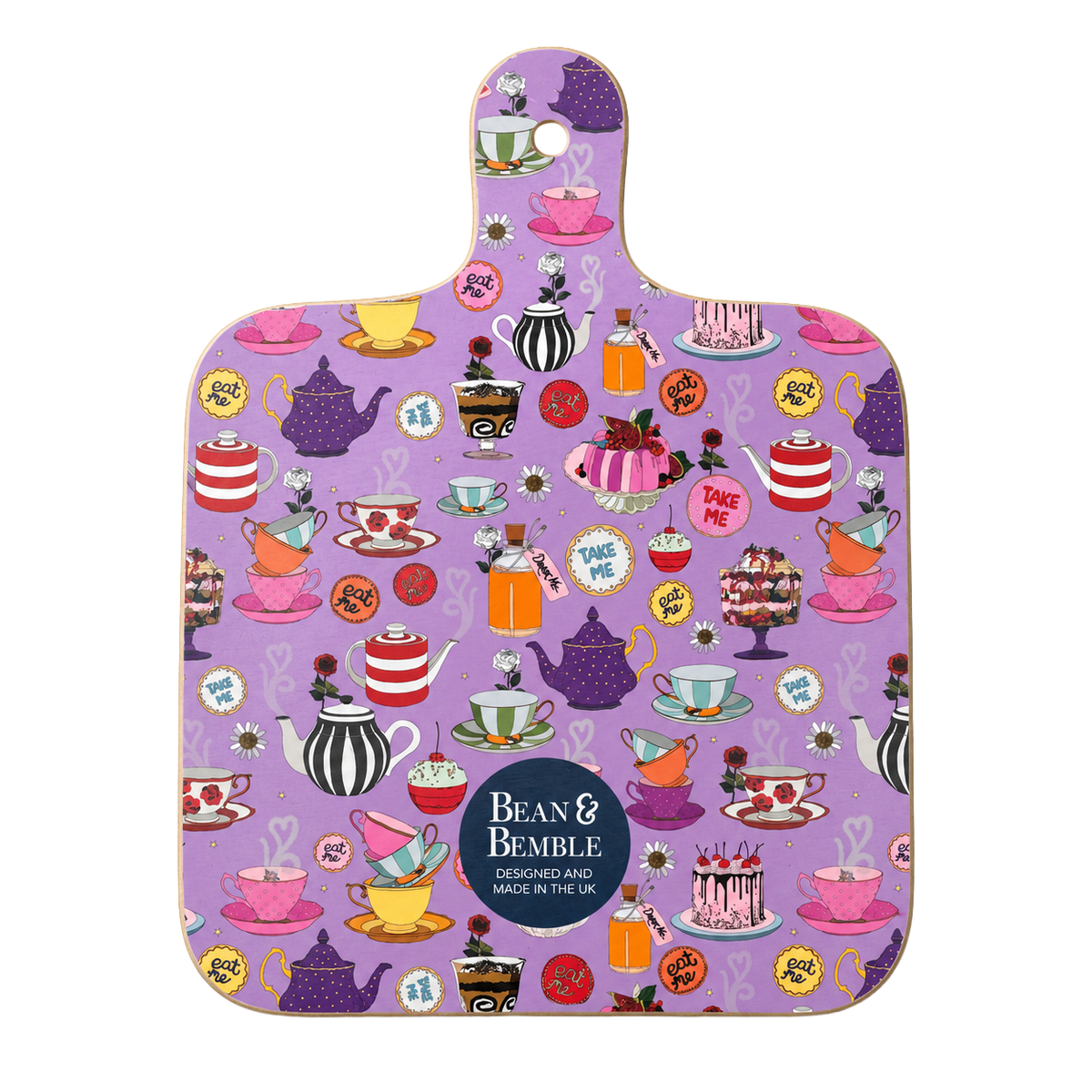 Reverse of Alice in Wonderland mini chopping board with purple tea party pattern, teapots, teacups, cakes and Eat Me biscuits.