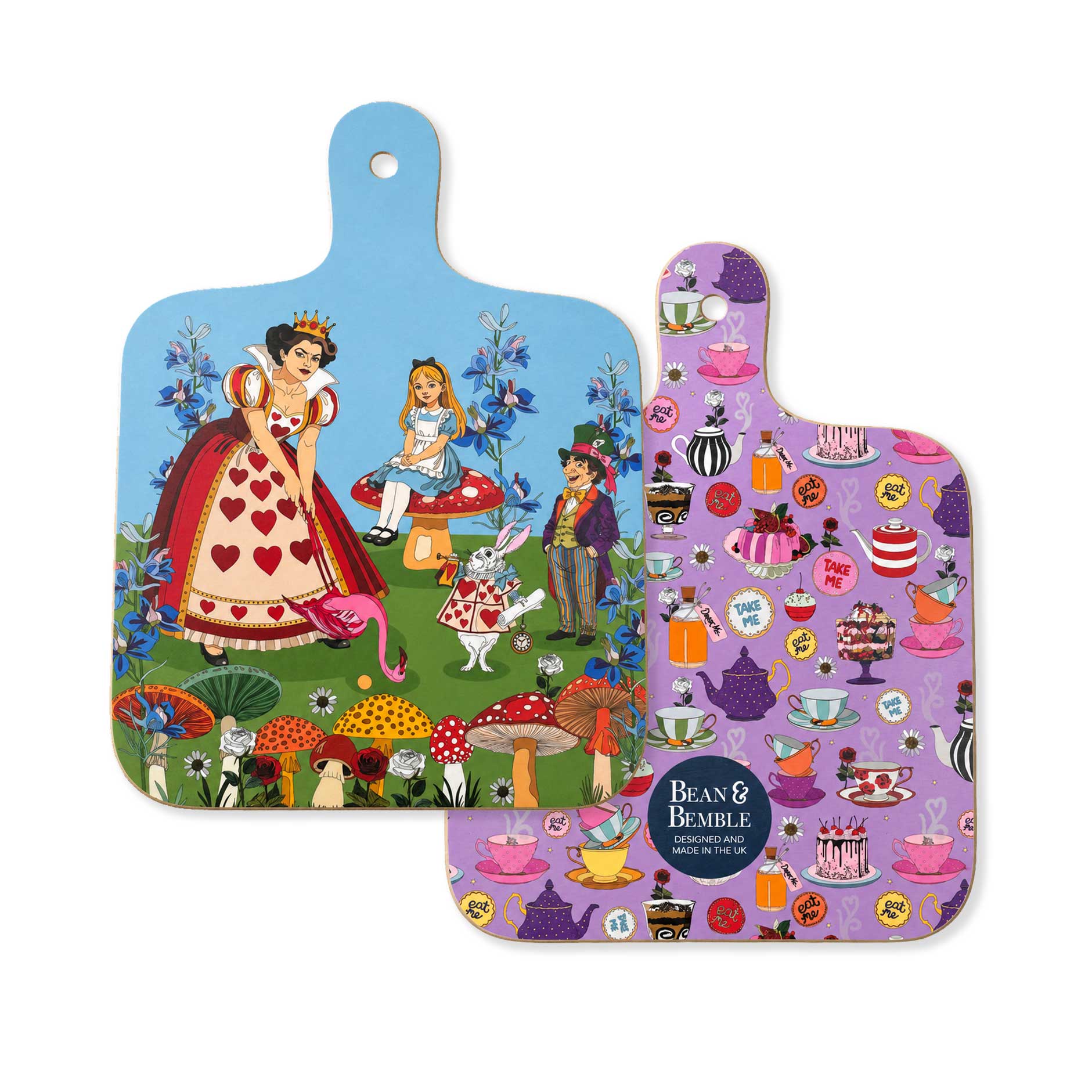 Mini chopping boards set: blue Alice design and purple Bean & Bemble tea design.