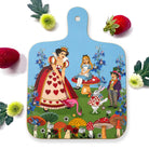Double-sided Alice in Wonderland melamine chopping board showing illustrated Wonderland characters and colourful afternoon tea design.