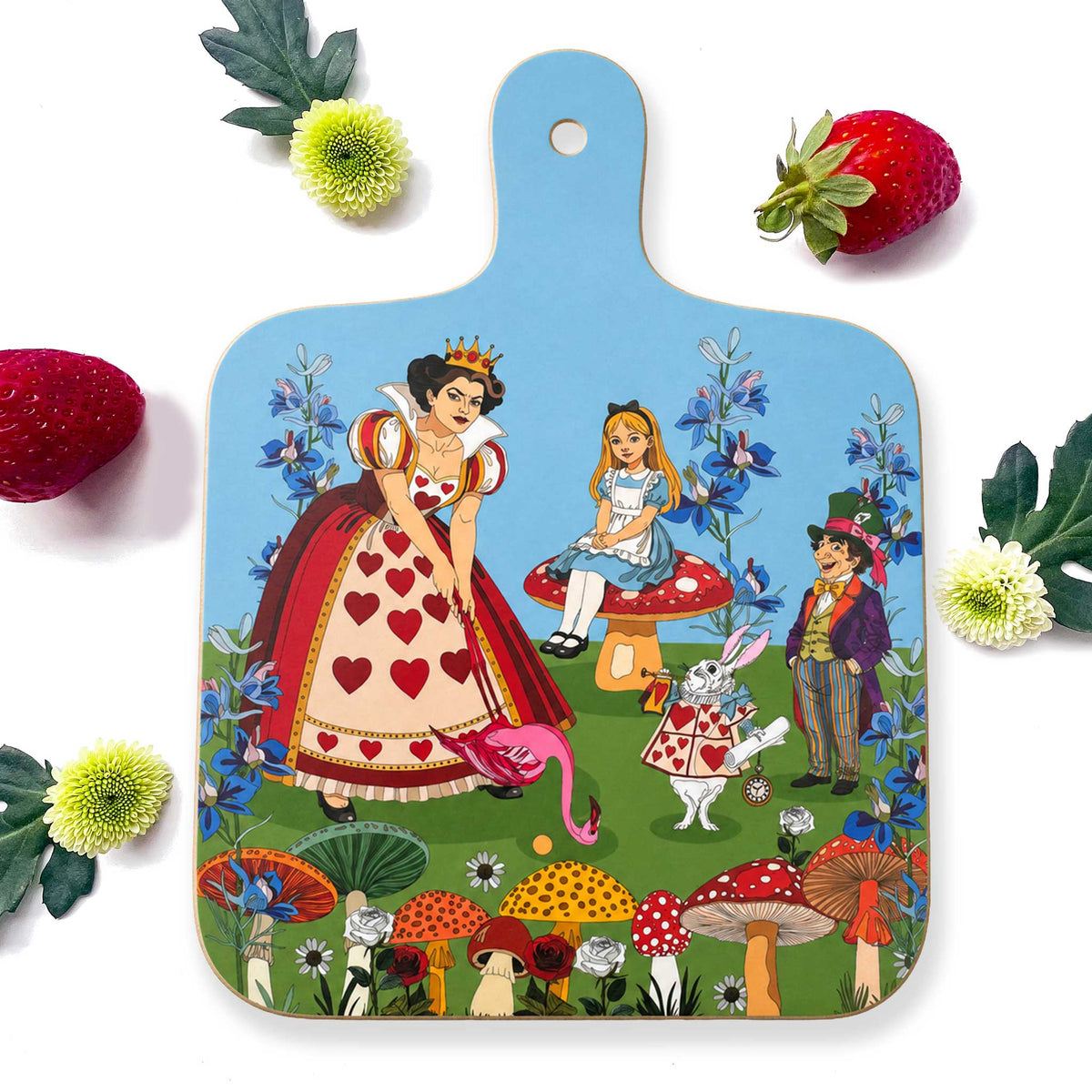 Double-sided Alice in Wonderland melamine chopping board showing illustrated Wonderland characters and colourful afternoon tea design.