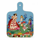 Double sided Mini melamine chopping board with illustrations of Alice in Wonderland, the queen of hearts, mad hatter, white rabbit and mushrooms. 