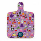  Reverse of a mini melamine chopping boards. It is lilac with a cakes and puddings pattern.