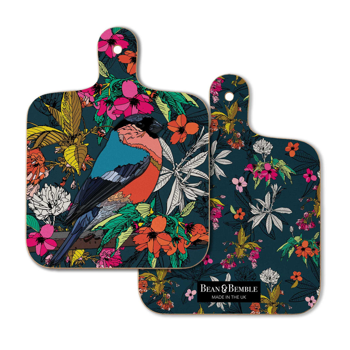 Double sided front and back of a mini melamine chopping board.  Navy blue with a Bullfinch on one side and a cherry blossom floral pattern on the reverse.