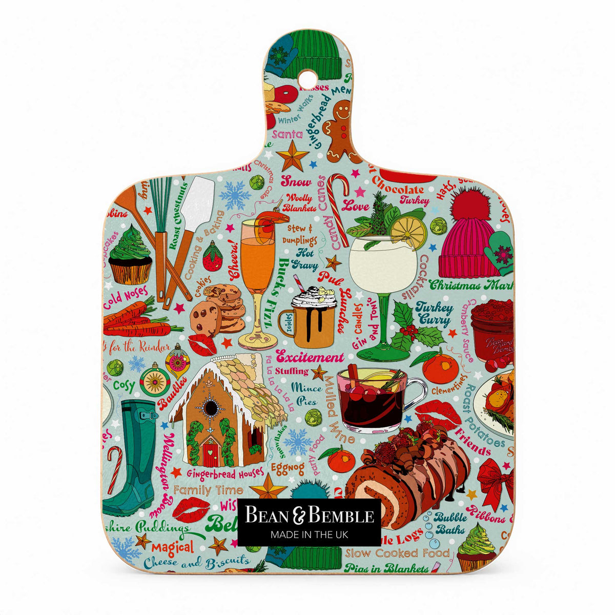 Reverse of Christmas foodie mini cheese board with an all-over festive food and drink pattern featuring gingerbread, cocktails, Christmas pudding, mince pies and winter treats.