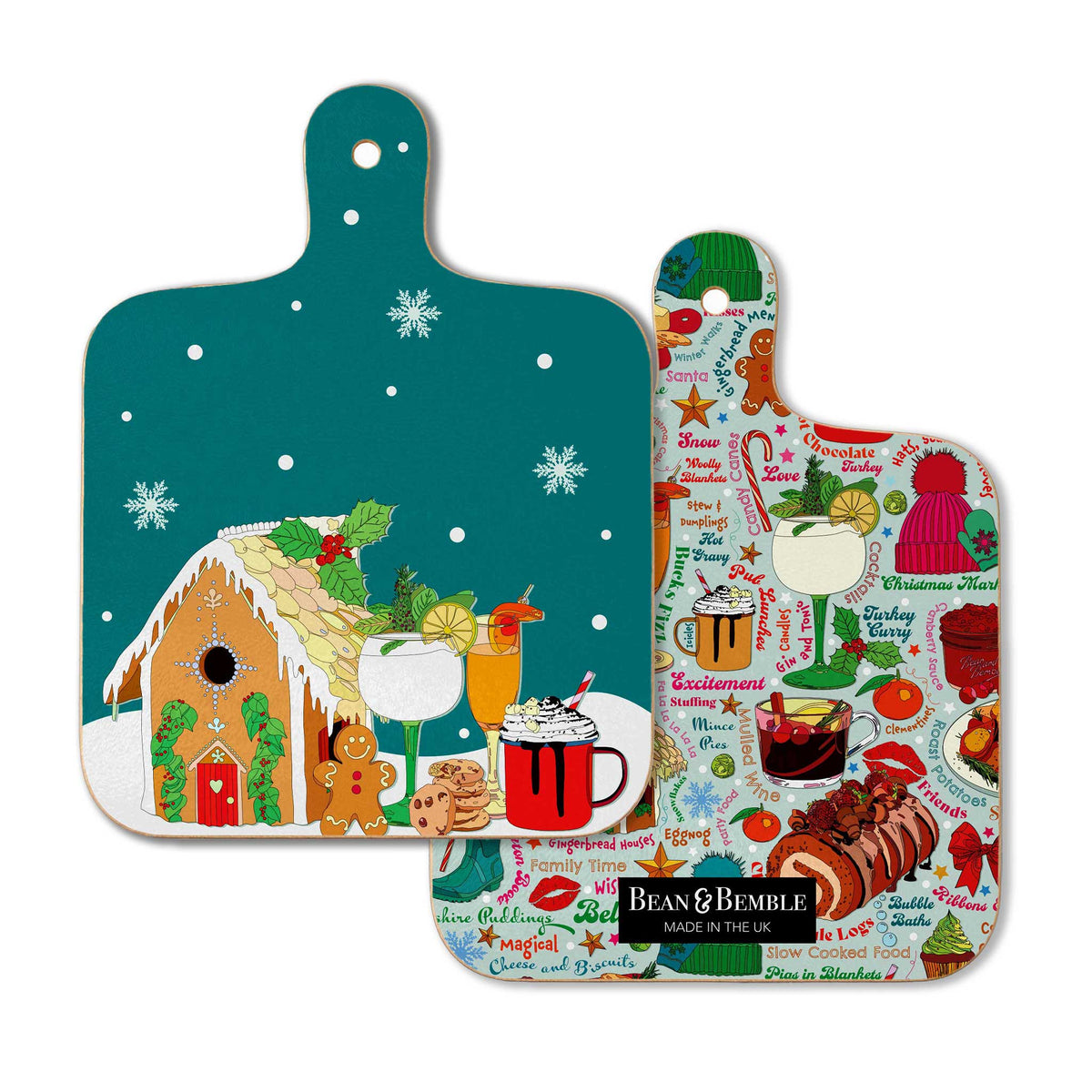 Double-sided Christmas foodie mini cutting board showing the gingerbread house and festive drinks design on the front with a colourful Christmas food pattern on the reverse.
