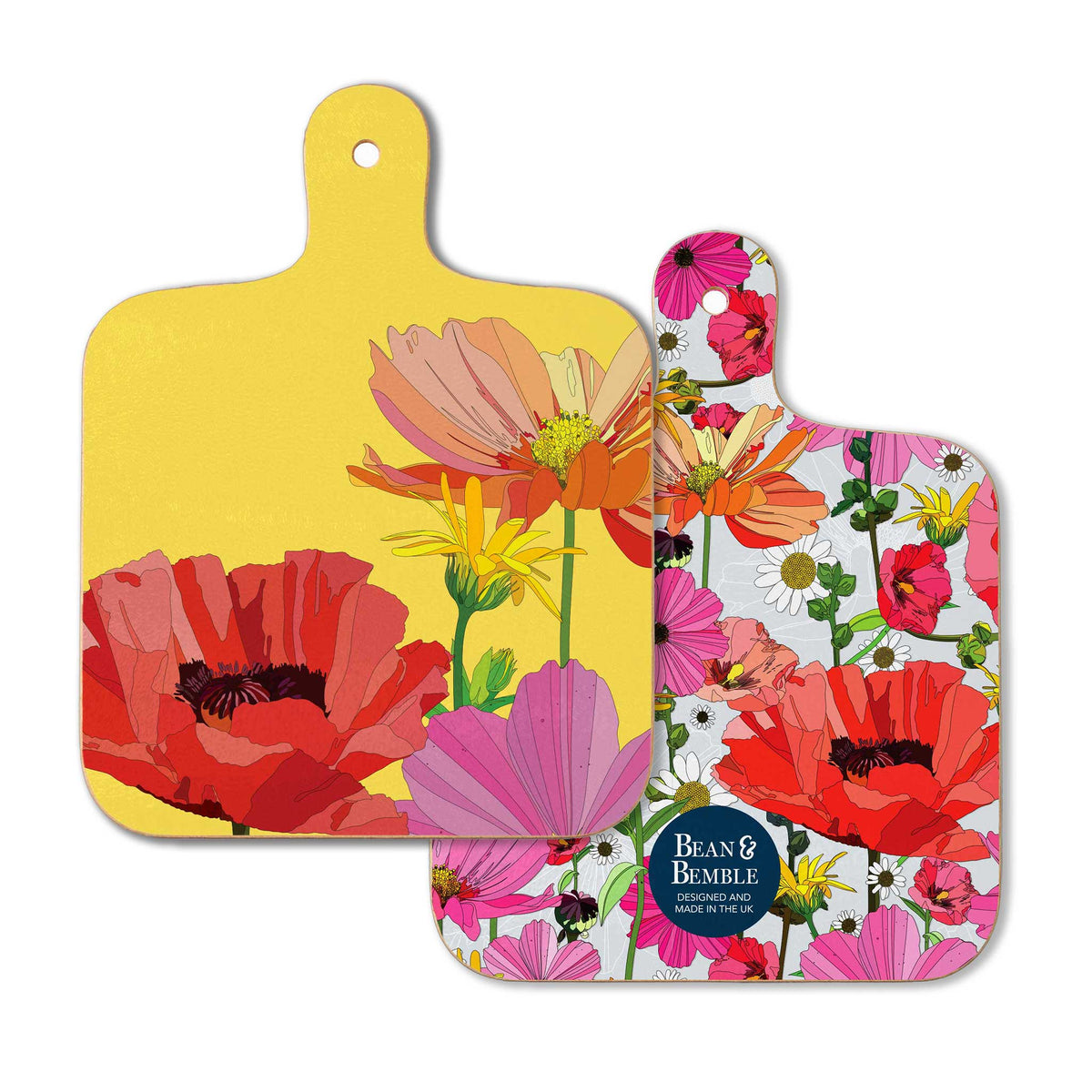 Double sided mini melamine cheese board, small in size with a yellow background with poppies on one side and grey with a floral pattern on the reverse.