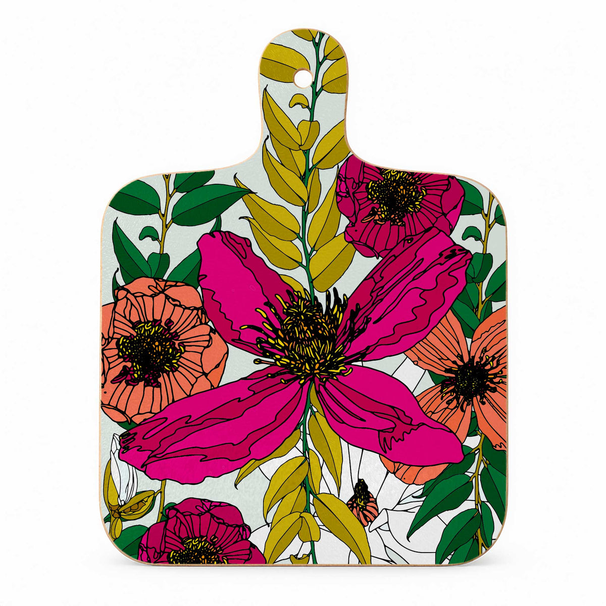 Vivid Blooms floral melamine mini chopping board with oversized pink and coral flowers, green foliage and mustard leaves on a light background.