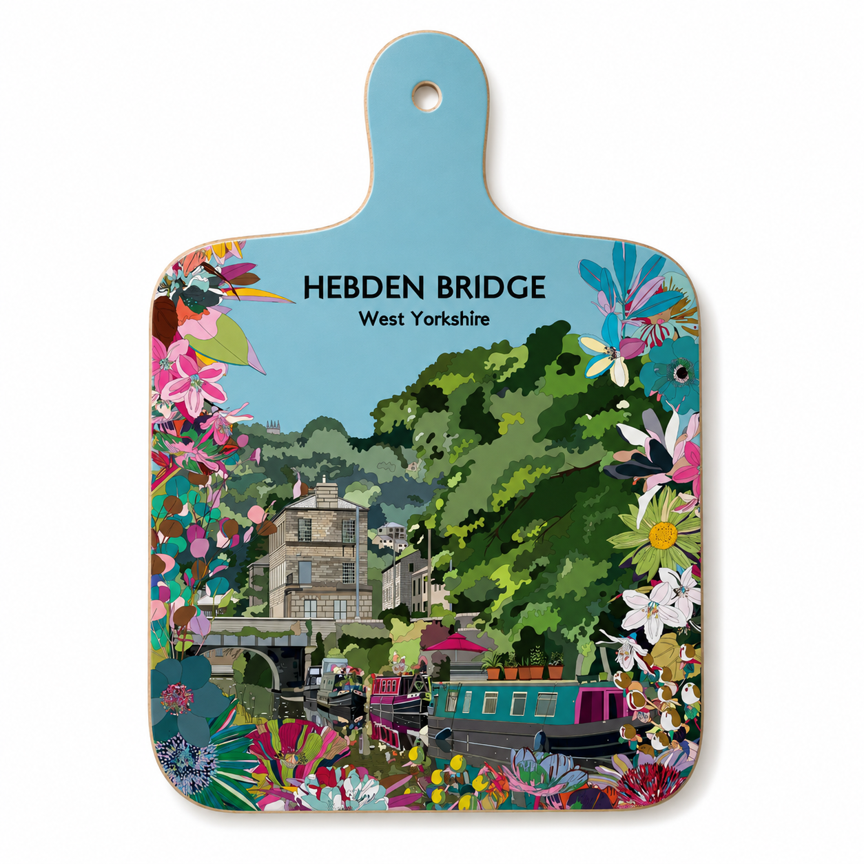 Mini Hebden Bridge chopping board with colorful park scene and hanging hole