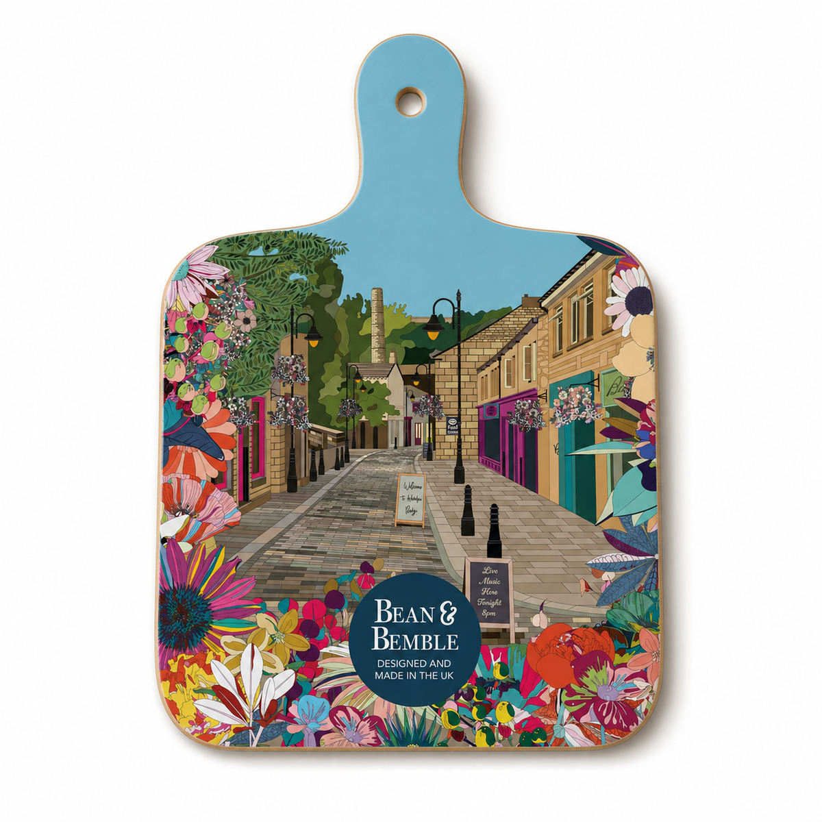 Mini chopping board with Hebden Bridge street (Bridge Gate) illustration, blue border, hanging hole
