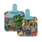 Front and back of double-sided Hebden Bridge mini chopping board showing Rochdale Canal and Bridge Gate designs.