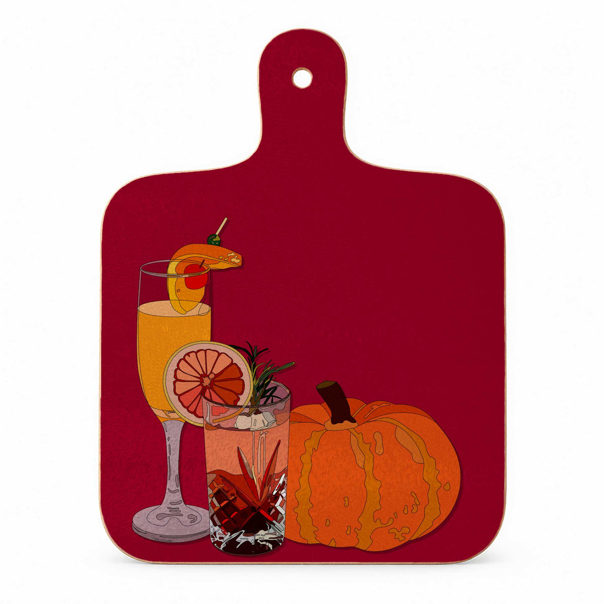 Thanksgiving melamine mini chopping board with autumn cocktails and pumpkin illustration on a deep red background, ideal as a cheese board or serving board for American and Canadian Thanksgiving.
