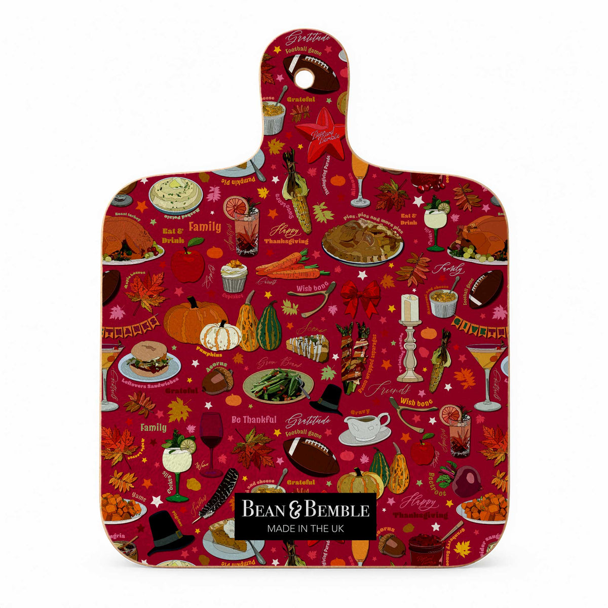Reverse of Thanksgiving mini cheese board with an all-over autumn food, pumpkin, cocktail and Thanksgiving pattern, suitable for USA and Canadian Thanksgiving celebrations.
