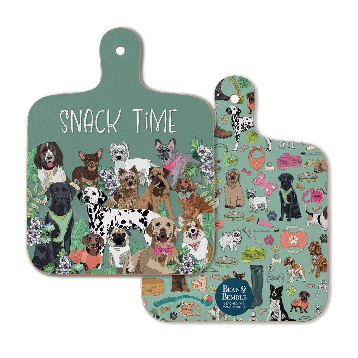 Double-sided Walkies dogs mini cutting board showing the “Snack Time” dog design on the front and coordinating dog pattern on the reverse.