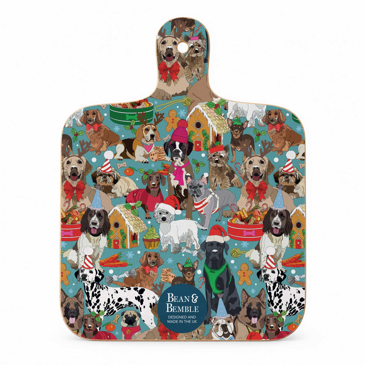 Back of Christmas dogs mini chopping board with an all-over festive dog pattern on a pale blue background and Bean and Bemble branding at the bottom.