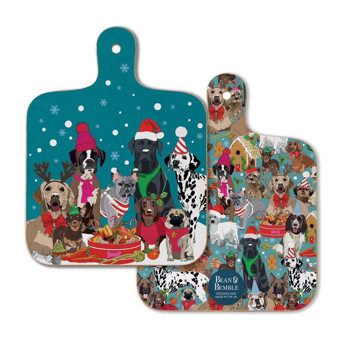 Christmas dogs mini chopping board showing both sides, with the festive dog scene on the front and the coordinating all-over dog pattern on the back.