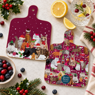 Festive front and back mockup:
Double-sided Christmas Cats mini cutting boards styled with holly, berries, citrus and a festive drink, showing both the cat group design and coordinating all-over Christmas cat pattern.