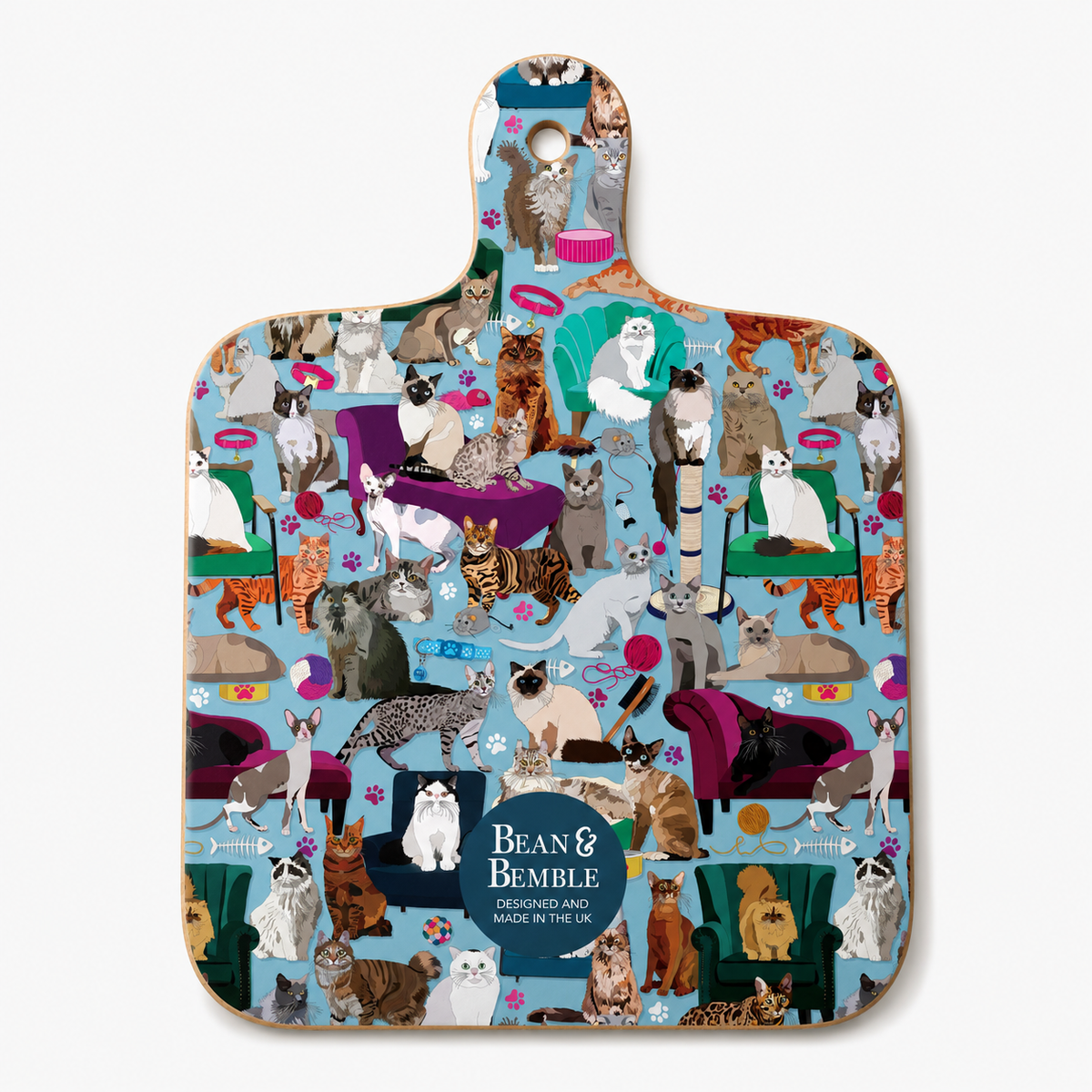Cat chopping board with Bean & Bmble print and hanging loop, decorative pet collage
