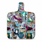 Mini melamine chopping board with a pattern of illustrated cats and cat toys on a blue background.