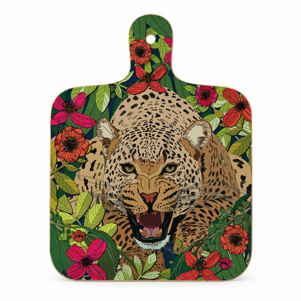 Bestselling Wild Cat leopard melamine mini chopping board featuring a hand-illustrated leopard surrounded by vibrant tropical leaves and pink, coral and orange flowers.