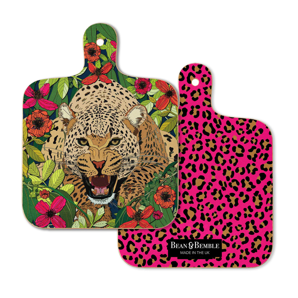 Double-sided bestselling Wild Cat leopard mini cutting board showing the floral leopard illustration on the front and coordinating pink leopard print on the reverse.