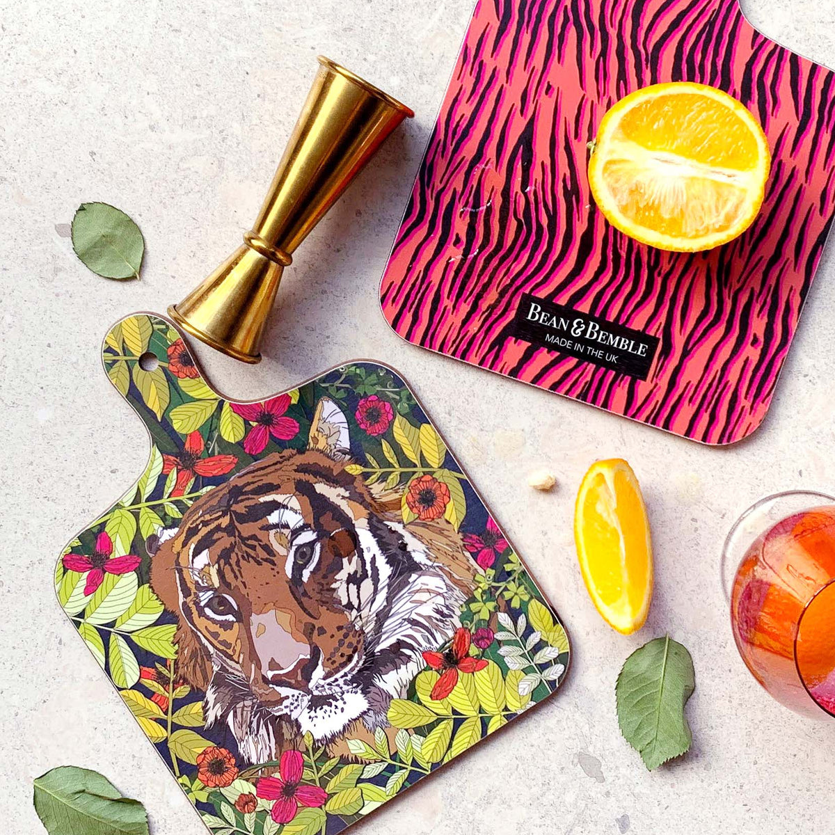 Mini chopping boards with tiger jungle print and pink zebra stripes, animal patterns
