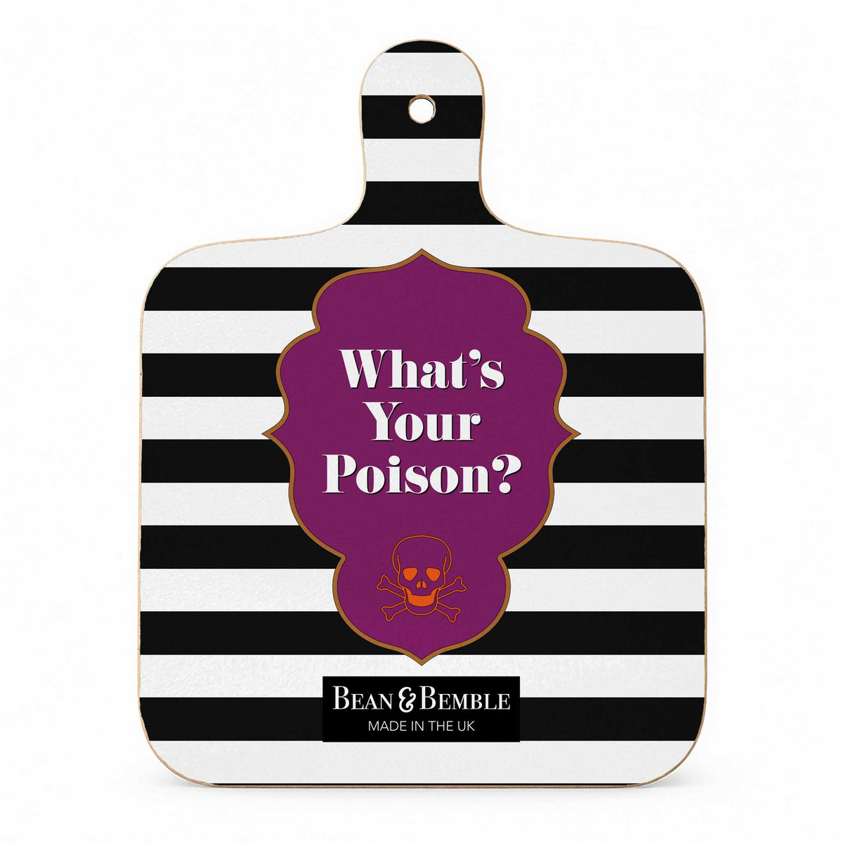 Reverse of Witches Apothecary mini cheese board with bold black and white stripes, purple “What’s Your Poison?” lettering and skull detail.