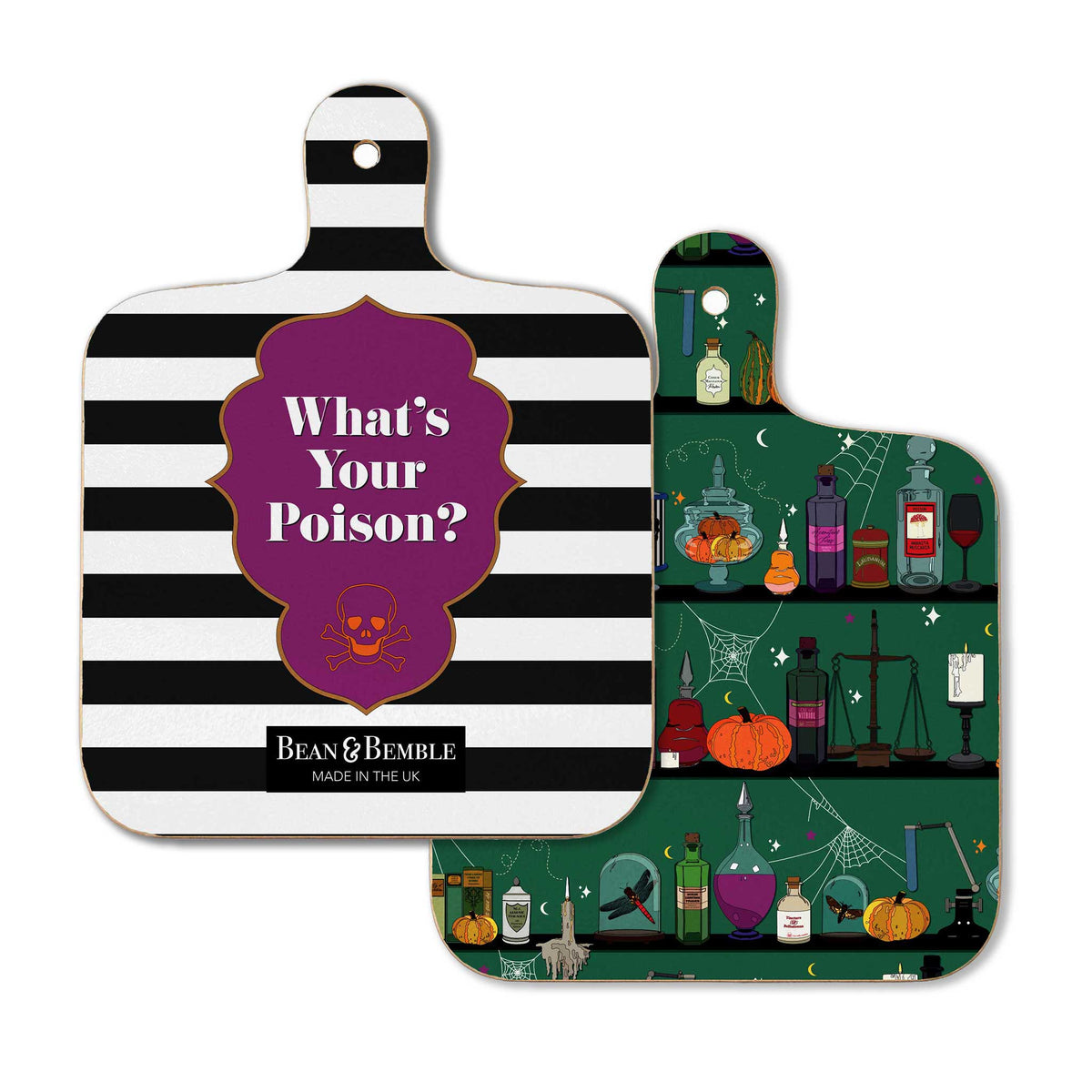 Double-sided Halloween mini cutting board showing the witches apothecary design on one side and striped “What’s Your Poison?” design on the reverse.