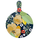 Large round floral chopping board with dark blue, green, and yellow flower design