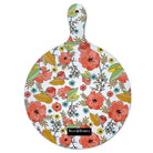 Large round floral chopping board with white base and red-orange flower pattern