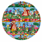 Colourful Alice in Wonderland round melamine serving tray with hand-drawn characters, teacups, cakes, mushrooms and flamingos.