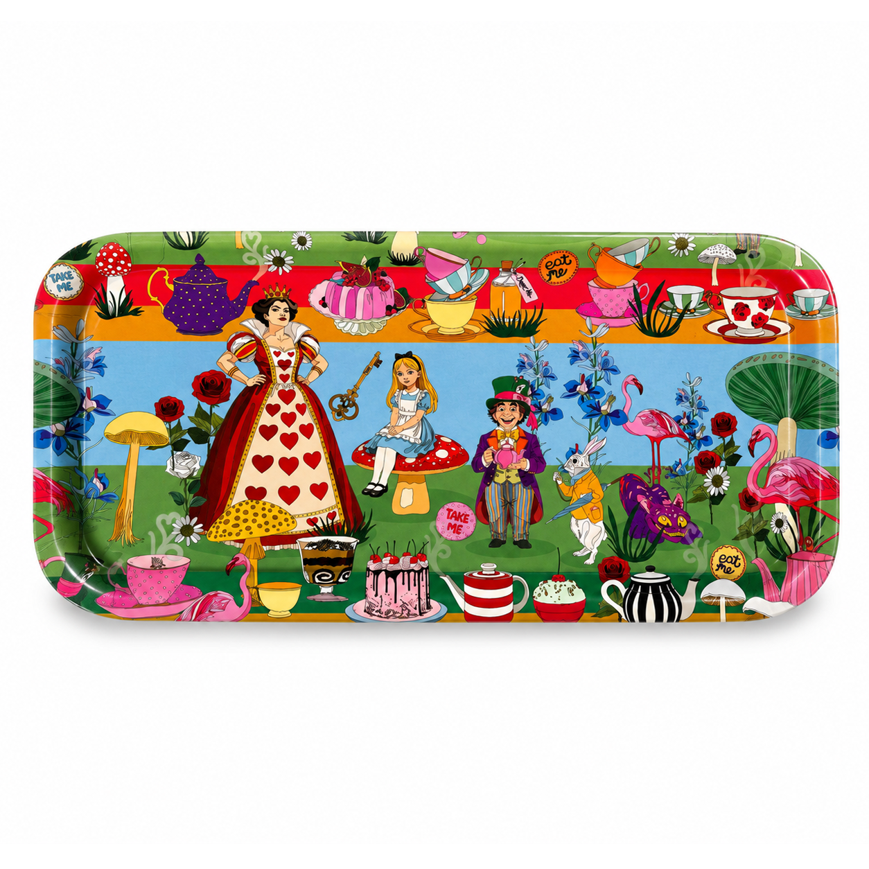 Colourful Alice in Wonderland small rectangular melamine tray with hand-drawn characters, teacups, cakes and mushrooms.