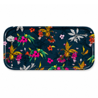 Cherry Blossom small rectangular melamine tray with colourful hand-drawn flowers on a deep navy background.