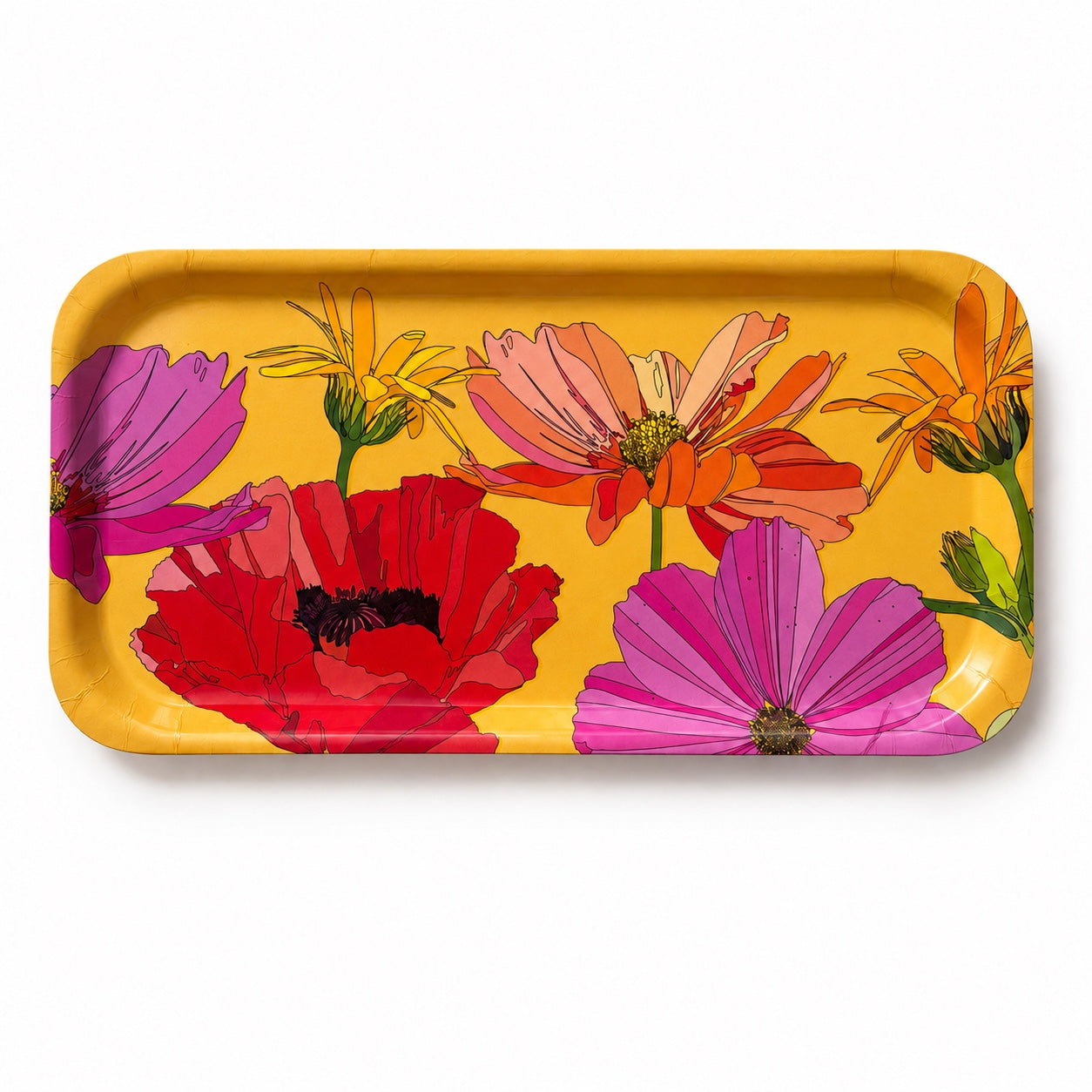 A small rectangular yellow melamine serving tray with a colourful floral print featuring red, pink, orange, and purple flowers, shown on a plain white background.