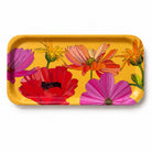 A small rectangular yellow melamine serving tray with a colourful floral print featuring red, pink, orange, and purple flowers, shown on a plain white background.