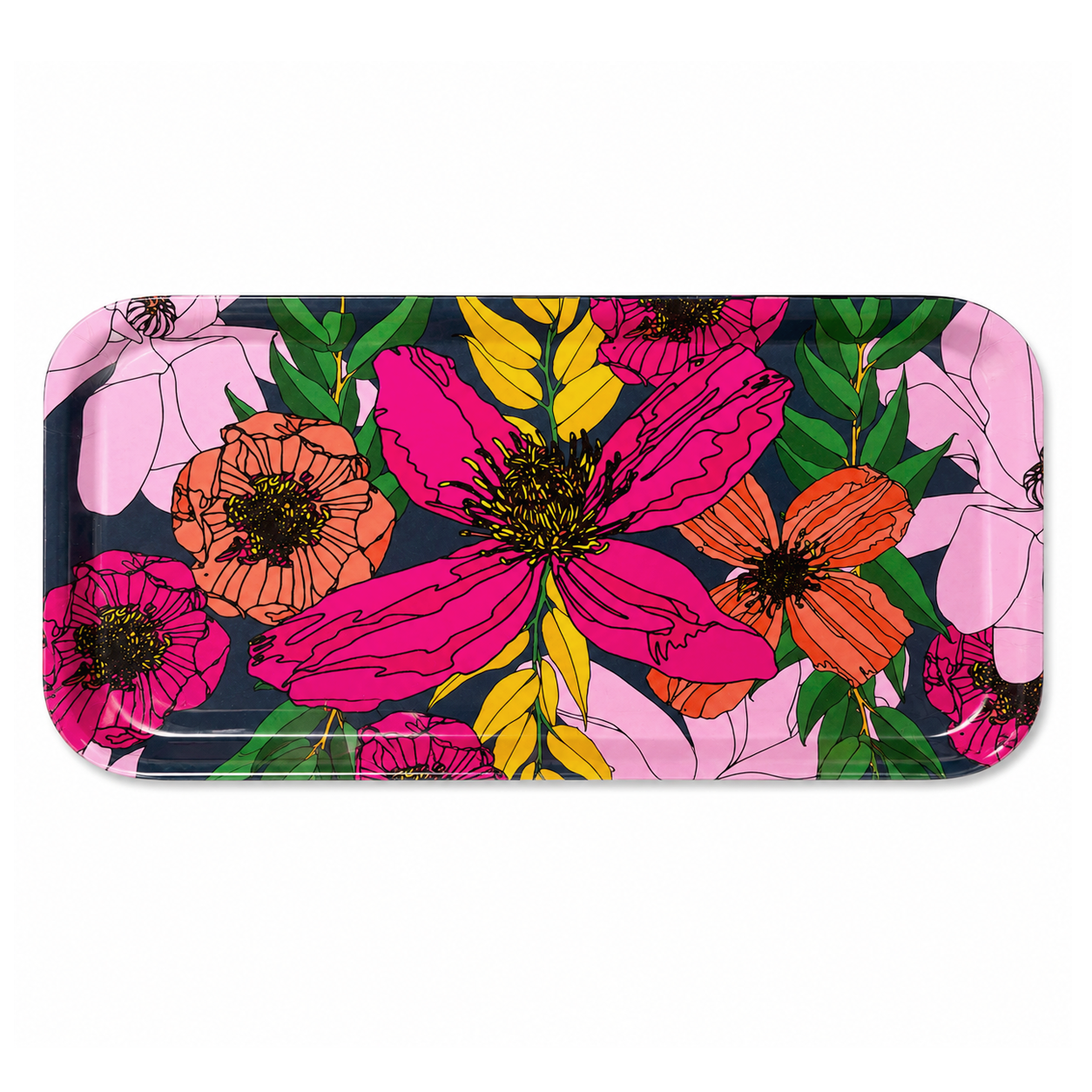 Vivid Blooms small rectangular melamine tray with large pink and coral flowers on a navy background.