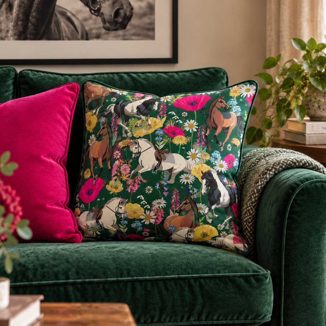 A decorative throw pillow with a colorful horse and floral print sits on a deep green velvet sofa next to a bright pink pillow in a styled living room setting.